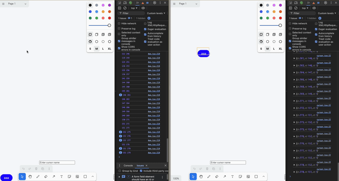 Throttleで間引く前のカーソルの同期ではイベント発火ごとに処理が走るのでコンソールに表示すると高頻度でログが吐かれる